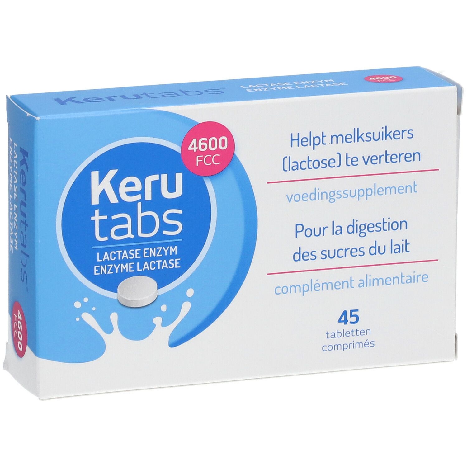 Boîte de comprimés Kerutabs®. Emballage bleu et blanc avec nom du produit, image de comprimé et texte.