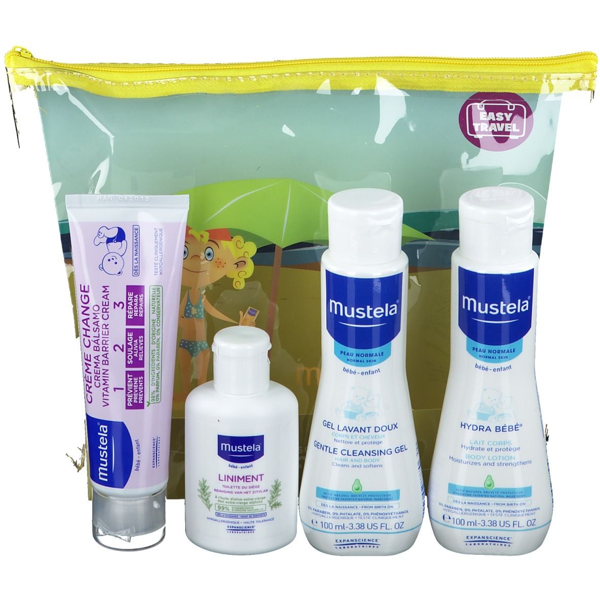 Mustela® Travel Kit. Trousse transparente avec crème, gel lavant, lotion et liniment. Fermeture éclair jaune.