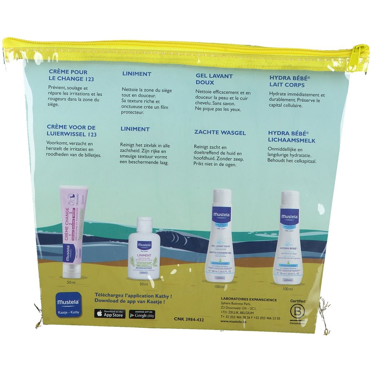 Dos du Mustela® Travel Kit. Descriptions des produits en allemand, français, italien et néerlandais.