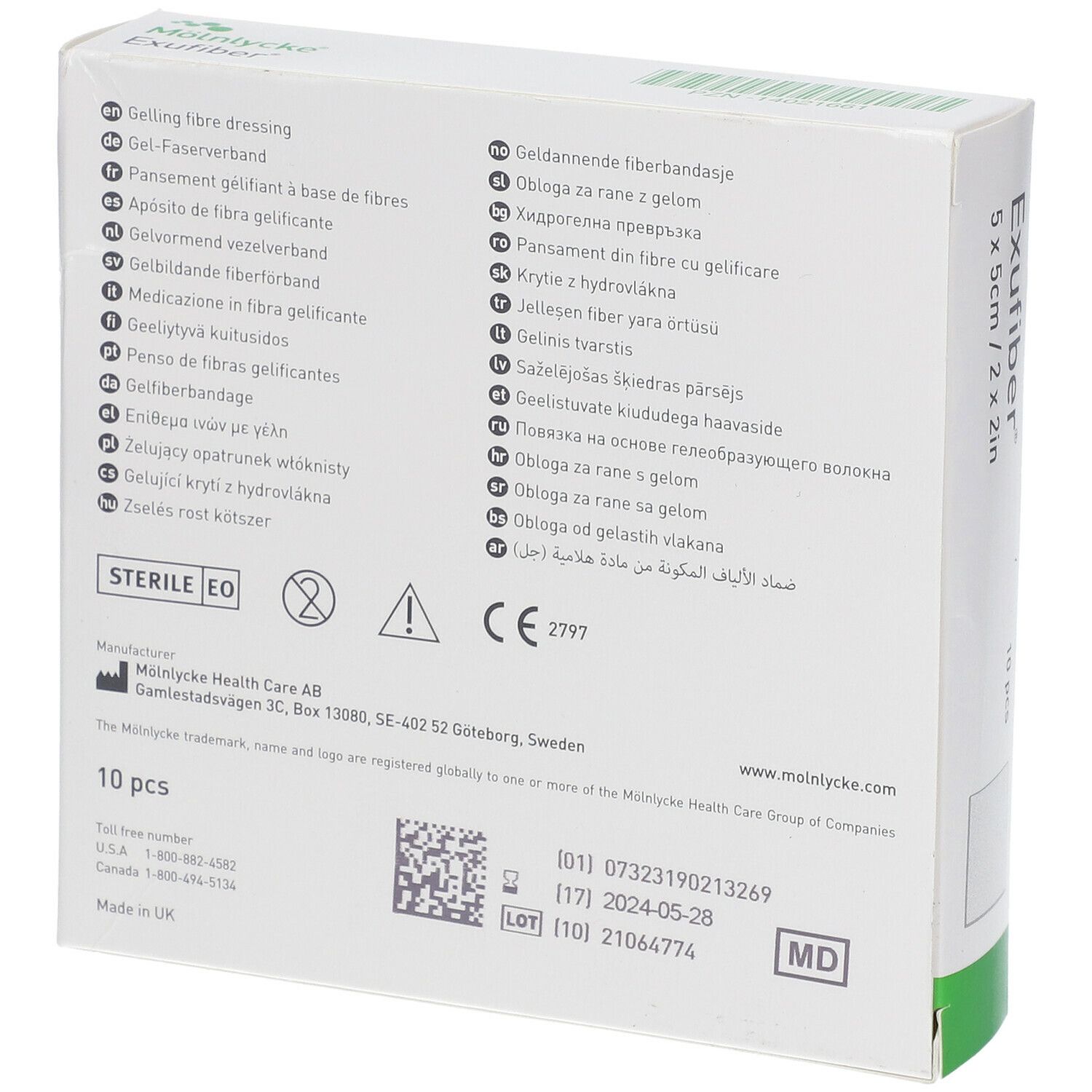 Achterkant Mölnlycke Exufiber verpakking. Meertalige tekst. 10 stuks. CE-markering.