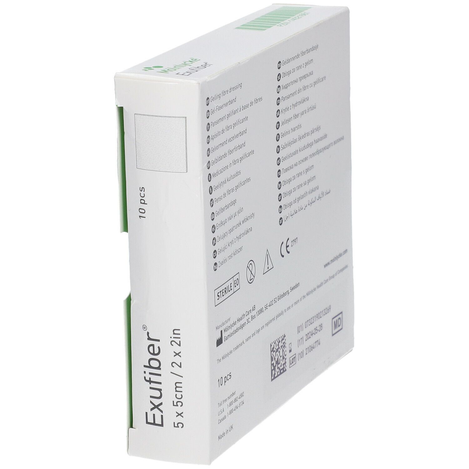 Mölnlycke Exufiber verpakking. 5x5cm gelvormend vezelverband. 10 stuks. CE-markering.