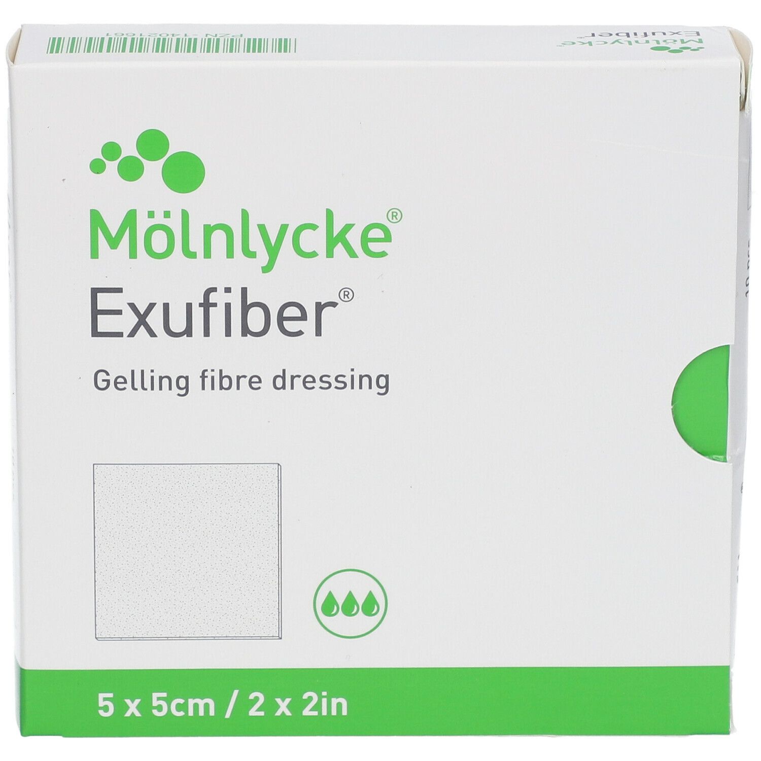 Verpakking Mölnlycke Exufiber. 5x5cm gelvormend vezelverband. 10 stuks.