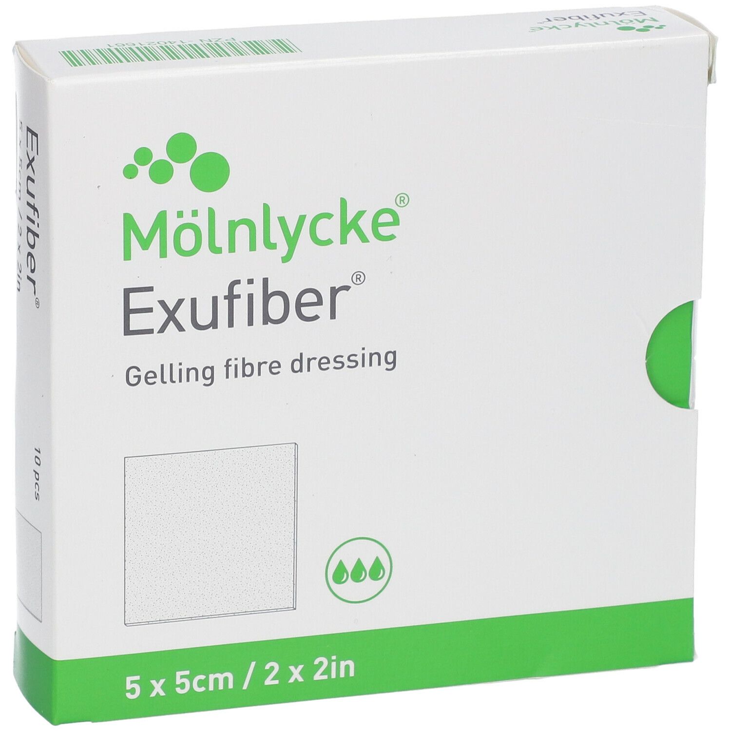 Verpakking Mölnlycke Exufiber. 5x5cm gelvormend vezelverband. 10 stuks.