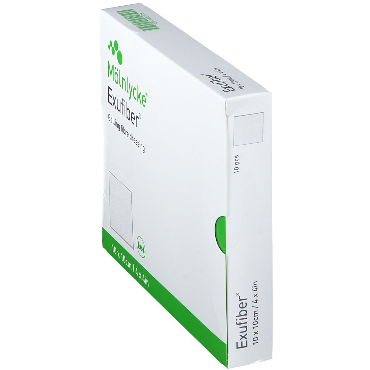 Schuine doos Mölnlycke Exufiber. Wit met groene accenten. Productnaam en afmeting 10x10cm/4x4in.