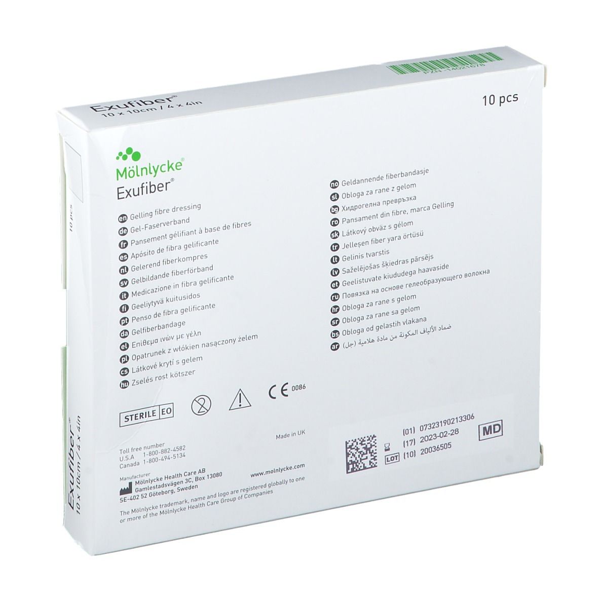 Achterkant van de Mölnlycke Exufiber verpakking. Meertalige tekst, CE-markering, steriel label.