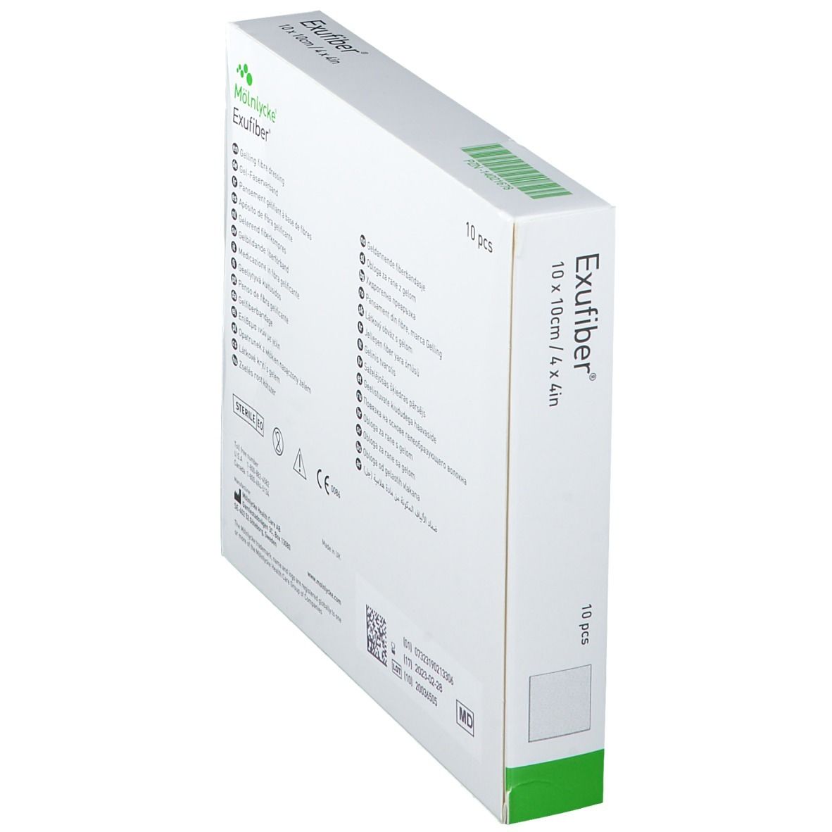 Schuine verpakking van Mölnlycke Exufiber. Meertalige tekst, CE-markering, steriel label.