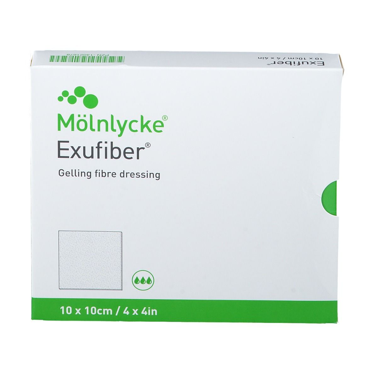 Mölnlycke Exufiber verpakking. Witte doos met groene accenten. Productnaam en afmeting 10x10cm/4x4in.