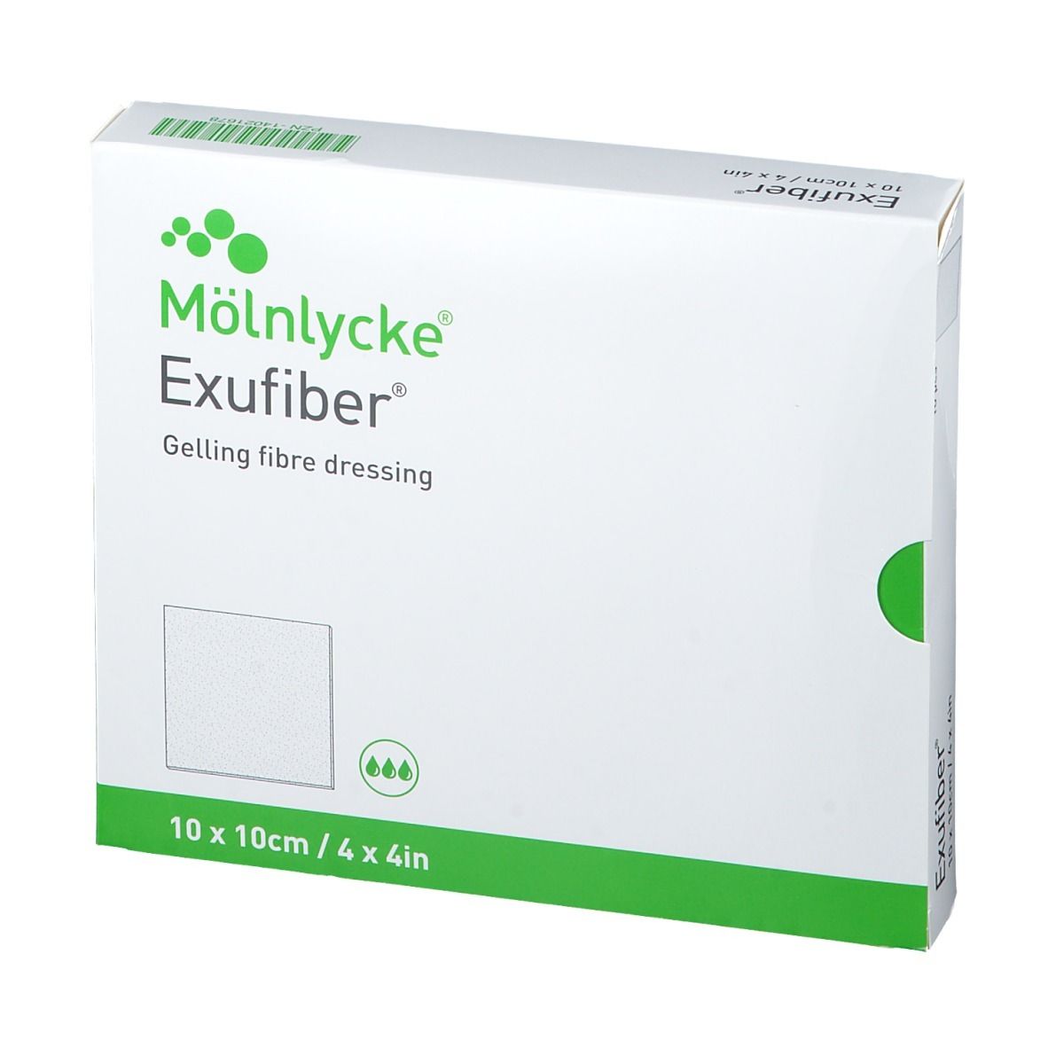Mölnlycke Exufiber verpakking. Witte doos met groene accenten. Productnaam en afmeting 10x10cm/4x4in.