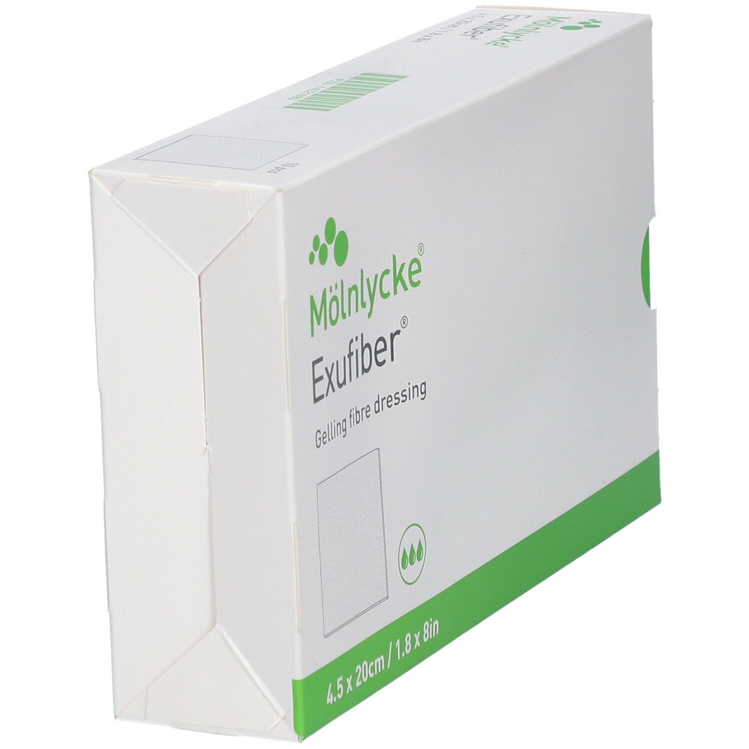 Schuine verpakking Mölnlycke Exufiber. Wit met groene accenten. Productnaam en afmetingen.