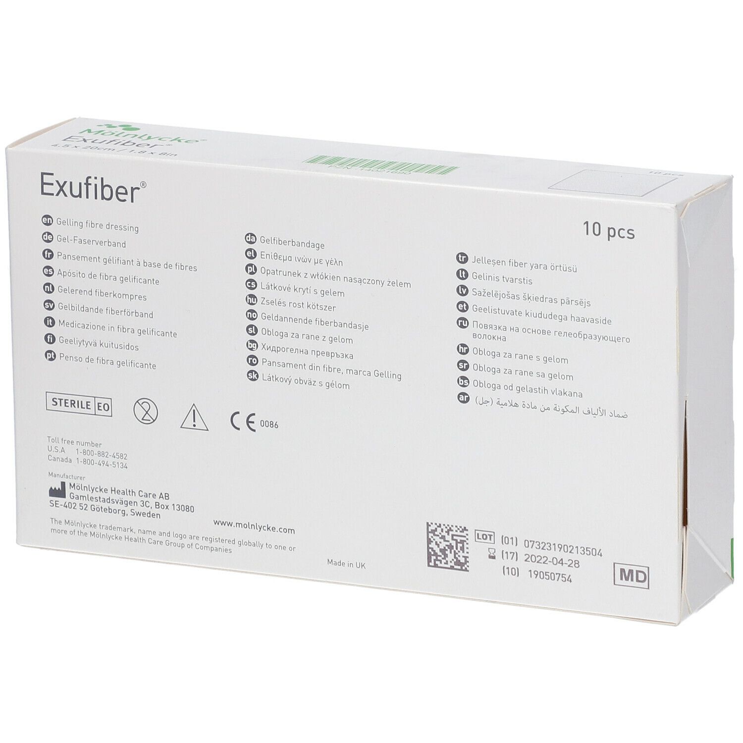 Achterkant verpakking Mölnlycke Exufiber. Meertalige productinfo, 10 stuks, steriel.
