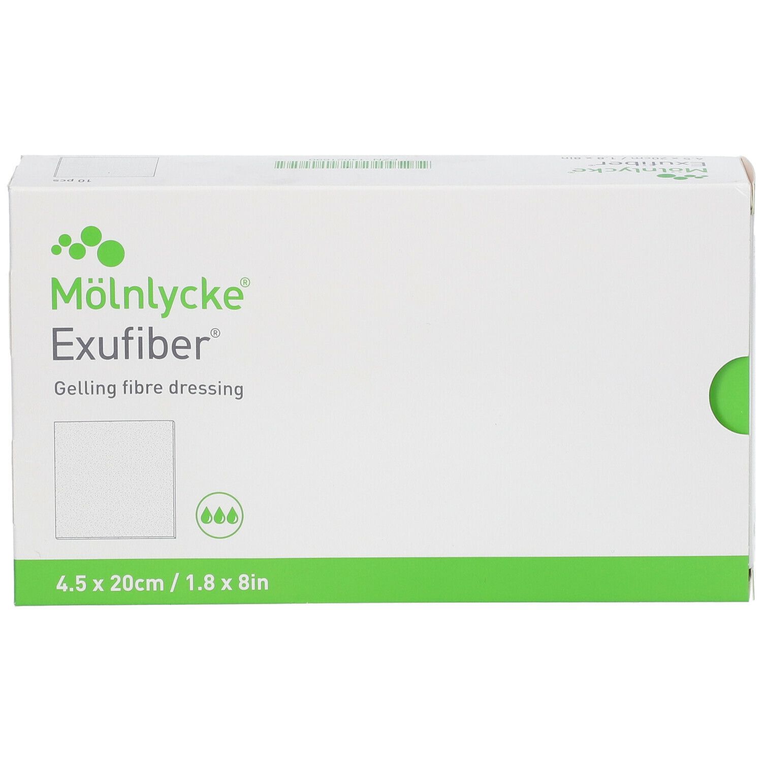Verpakking Mölnlycke Exufiber. Wit met groene accenten. Productnaam en afmetingen 4,5x20cm/1,8x8in.