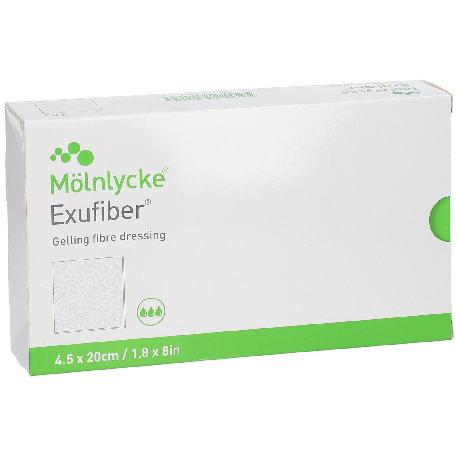 Verpakking Mölnlycke Exufiber. Wit met groene accenten. Productnaam en afmetingen 4,5x20cm/1,8x8in.