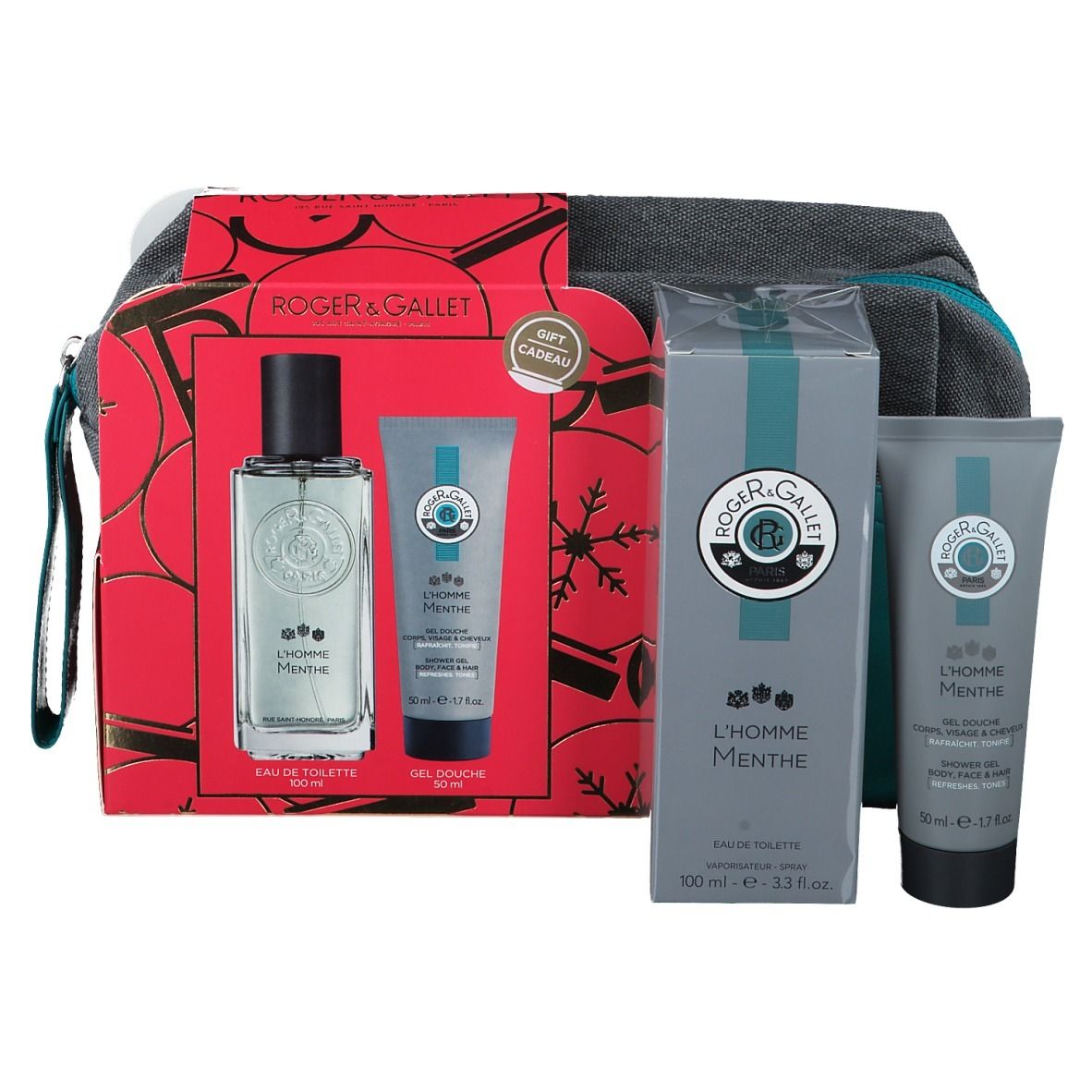 Coffret cadeau avec parfum, gel douche et trousse. Emballage rouge, gris et turquoise. Logo et noms de produits visibles.