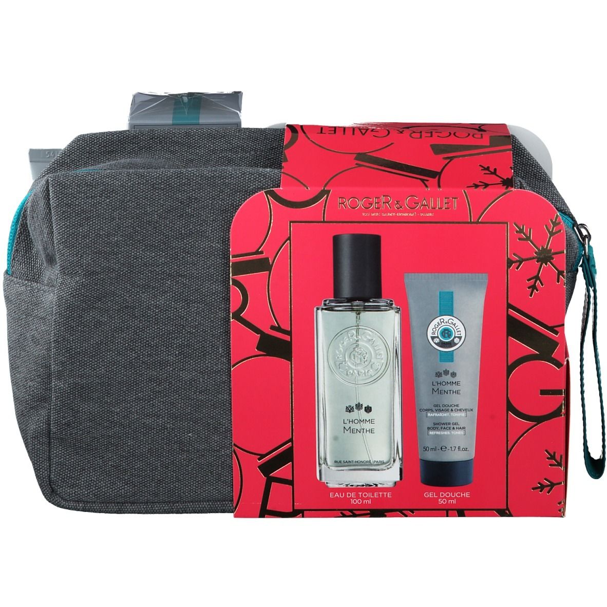 Coffret cadeau avec trousse, parfum et gel douche. Emballage rouge avec logo. Accents turquoise. Noms des produits visibles.