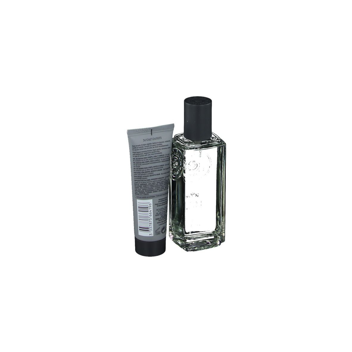 Flacon de parfum et tube de gel douche. Flacon rectangulaire, transparent. Tube gris avec texte noir. Sur fond blanc.