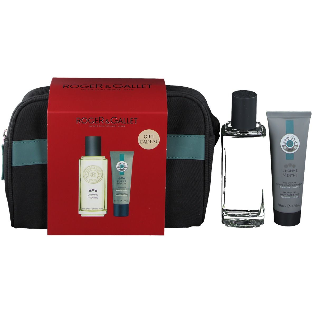 Coffret cadeau avec trousse, parfum et gel douche. Trousse noire, emballage rouge. Produits et logo visibles.