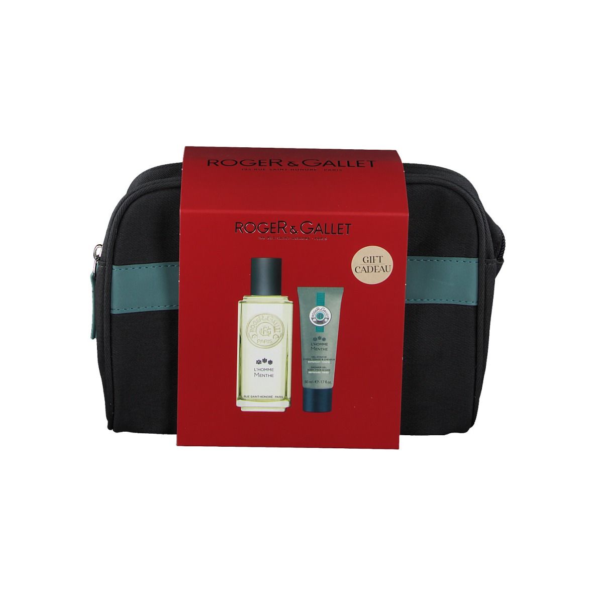Coffret cadeau avec trousse, parfum et gel douche. Emballage rouge avec logo. Trousse noire. Étiquette cadeau.