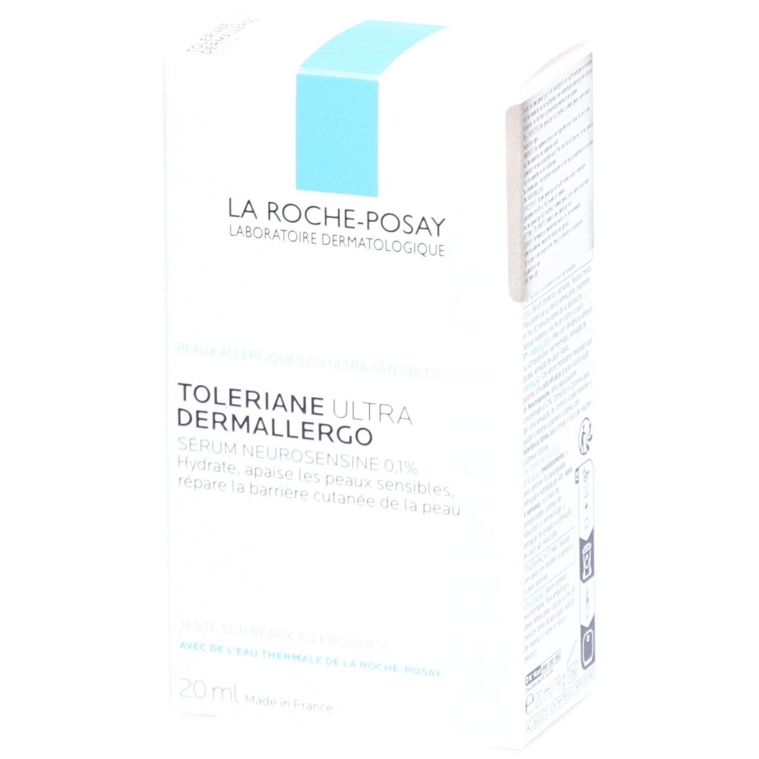 Weißer Karton mit La Roche-Posay Toleriane Ultra Dermallergo Serum. Text auf Französisch.