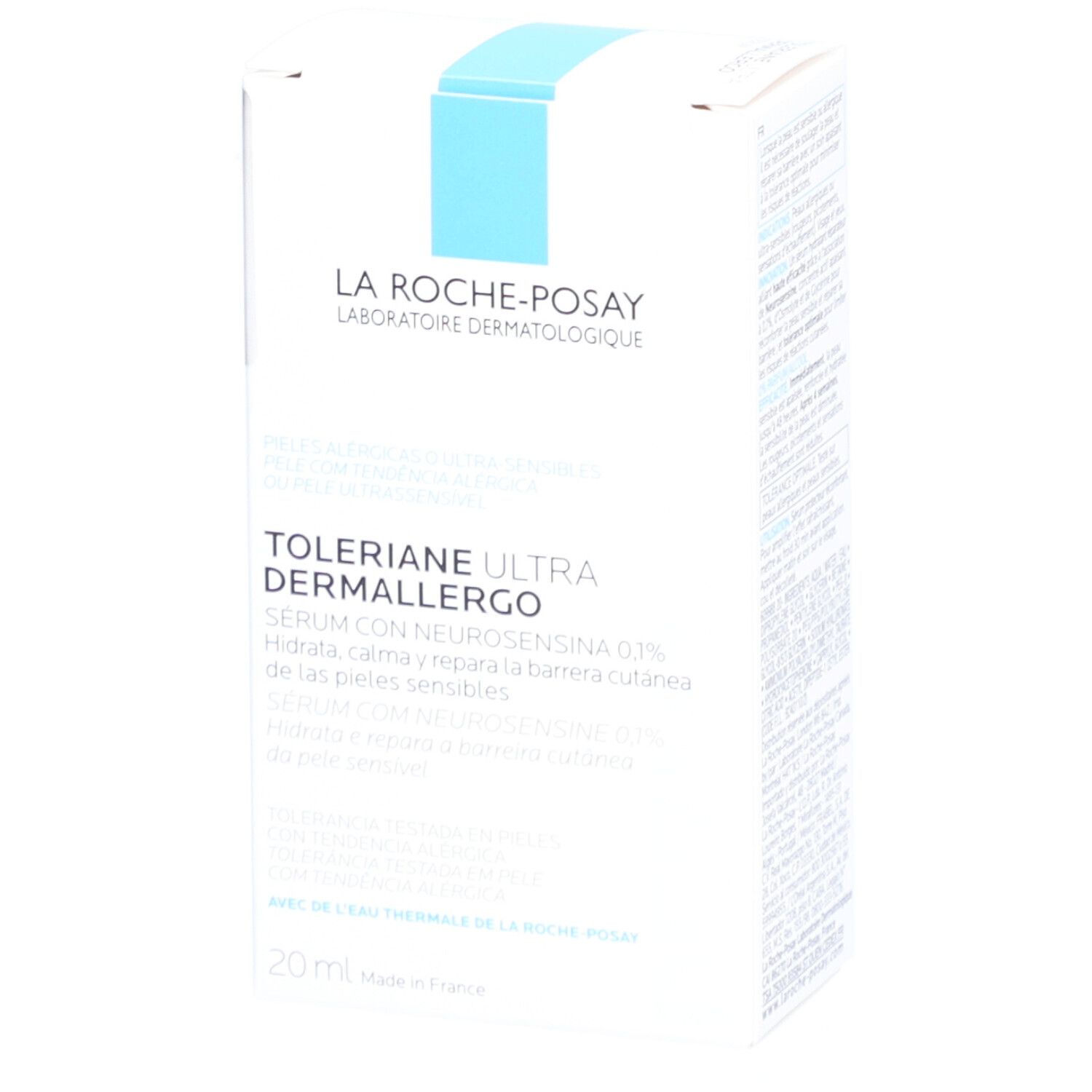 Weißer Karton mit La Roche-Posay Toleriane Ultra Dermallergo Serum. Text auf Spanisch.
