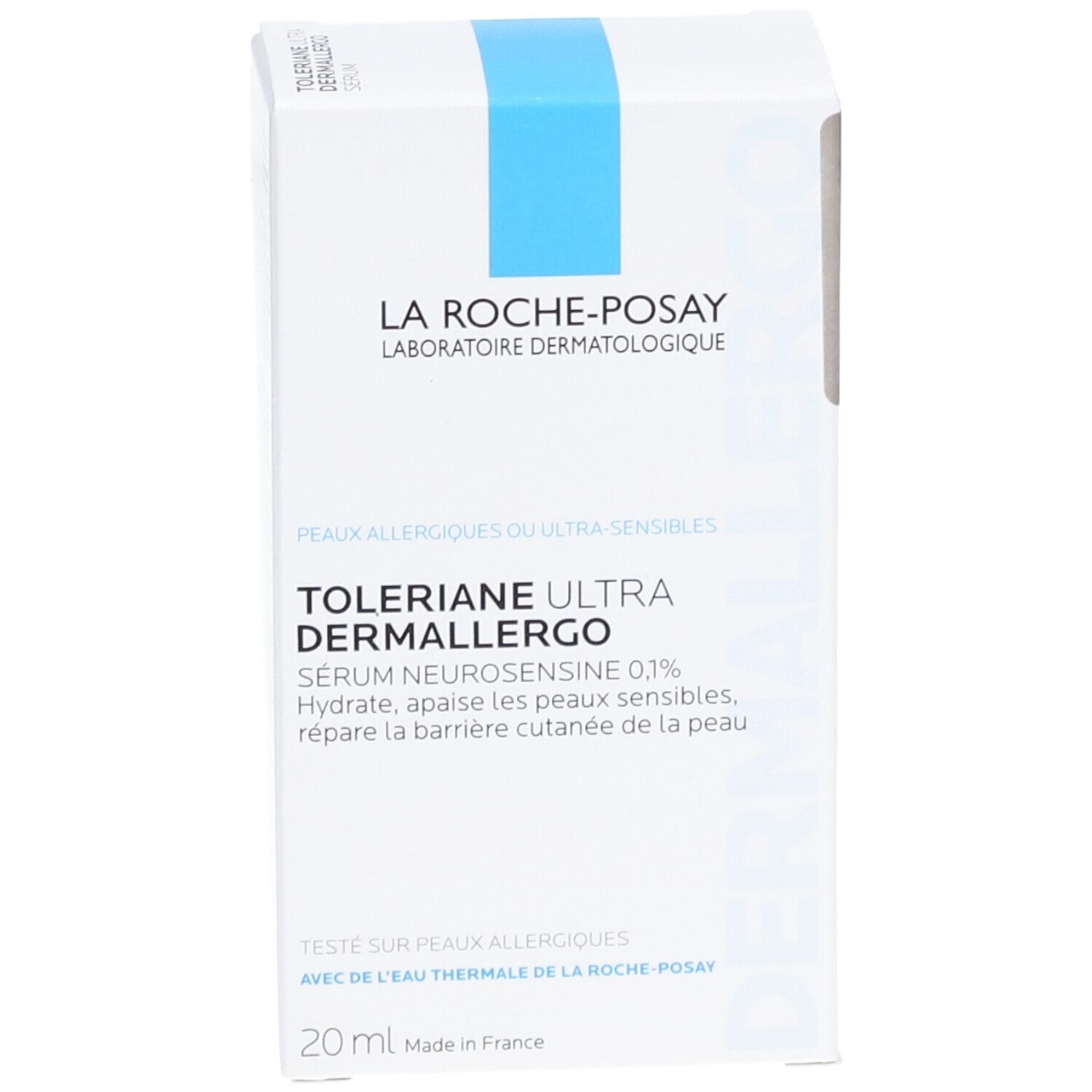 Weißer Karton mit La Roche-Posay Toleriane Ultra Dermallergo Serum. Text auf Französisch.