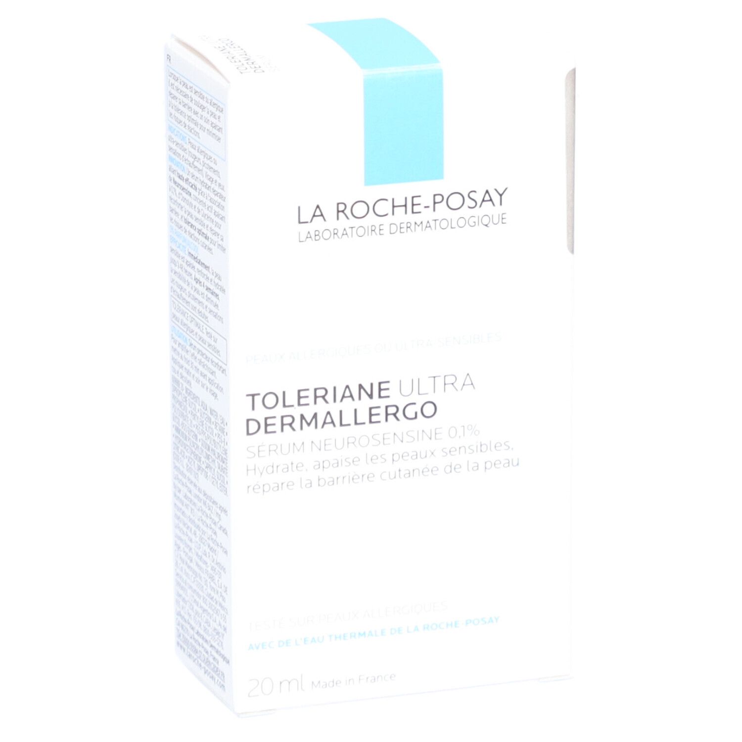 Weißer Karton mit La Roche-Posay Toleriane Ultra Dermallergo Serum. Text auf Französisch.
