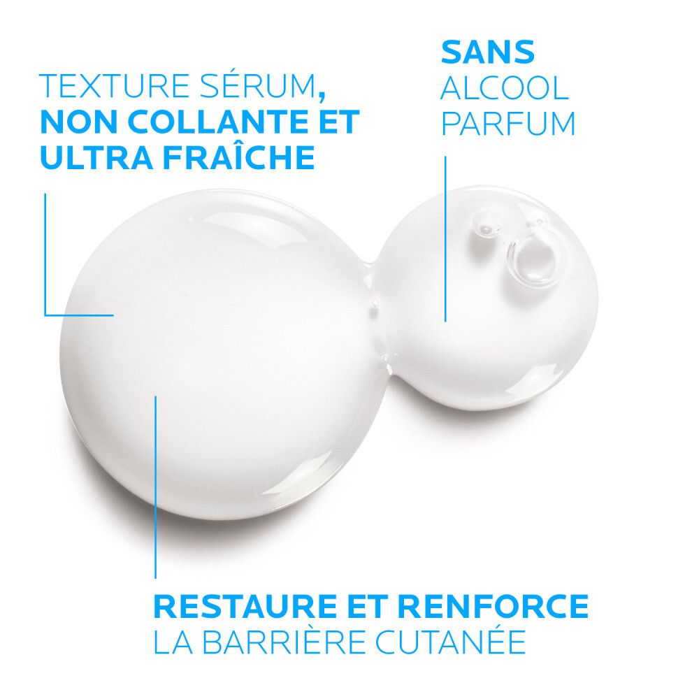 Gros plan sur des gouttes de sérum. Texte en français : texture sérum, non collante, ultra fraîche.