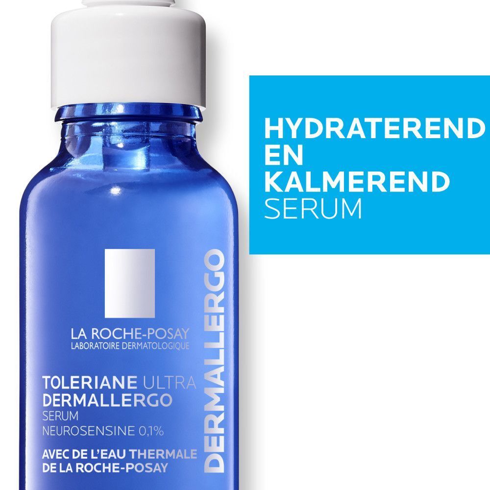 Blauw serumflesje met pipet. Nederlandse tekst: Hydraterend en kalmerend serum.