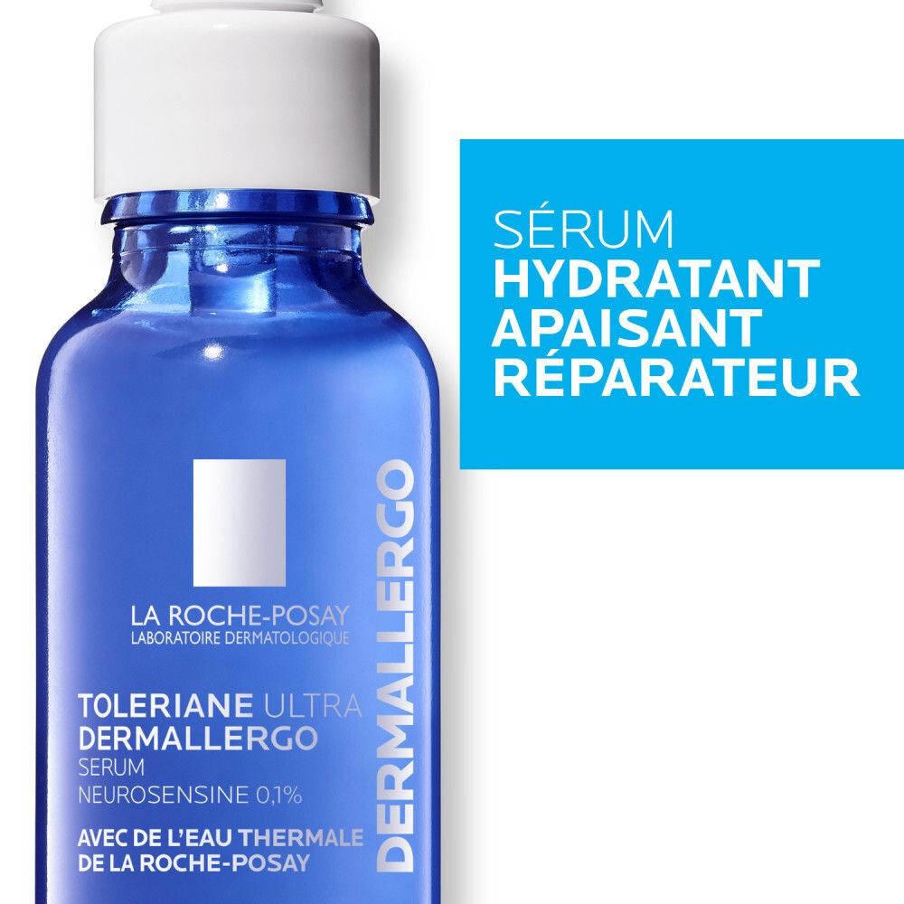 Flacon de sérum bleu avec pipette. Texte en français : sérum hydratant, apaisant, réparateur.