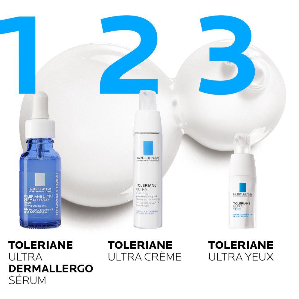 Trois produits : sérum, crème et crème pour les yeux. Texte en français.