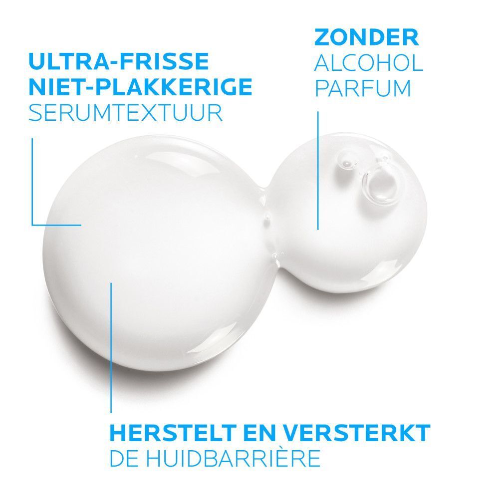 Close-up van serumdruppels. Nederlandse tekst: Ultra-frisse niet-plakkerige serumtextuur.