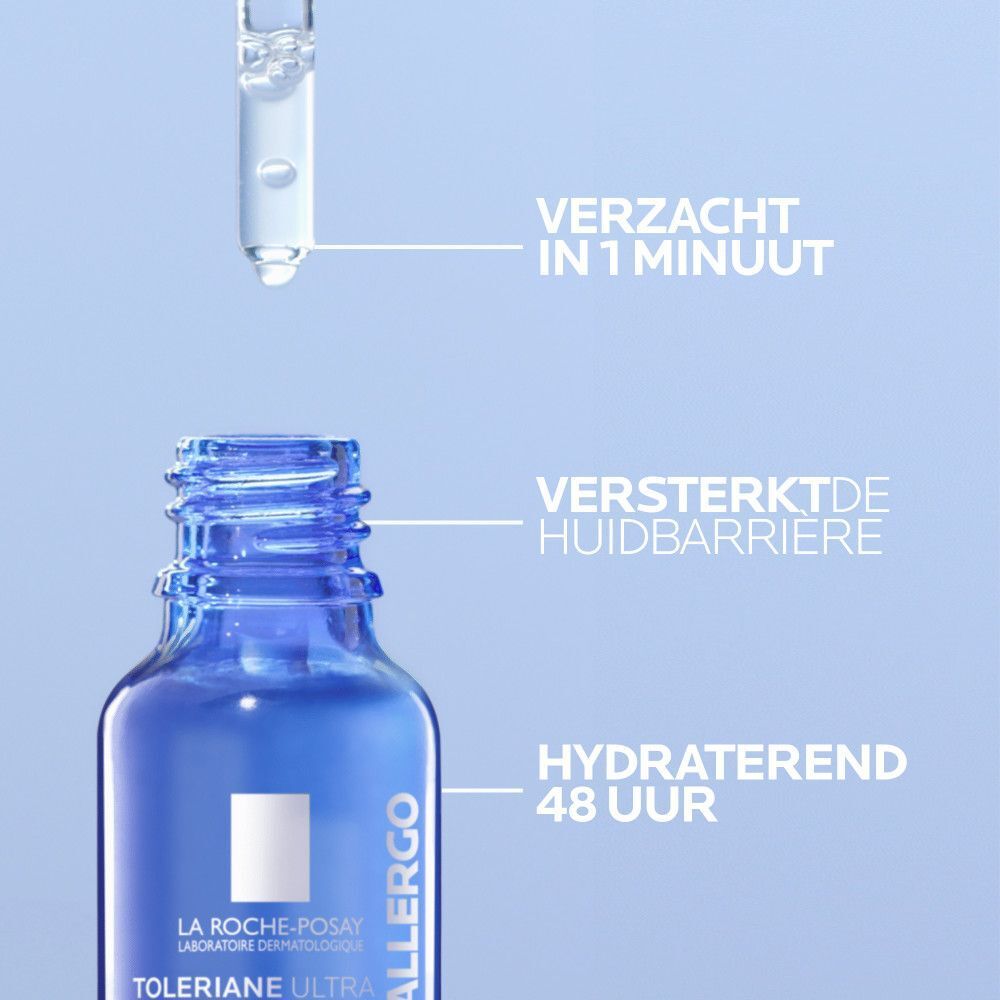 Blauw serumflesje met pipet. Nederlandse tekst: Verzacht in 1 minuut.