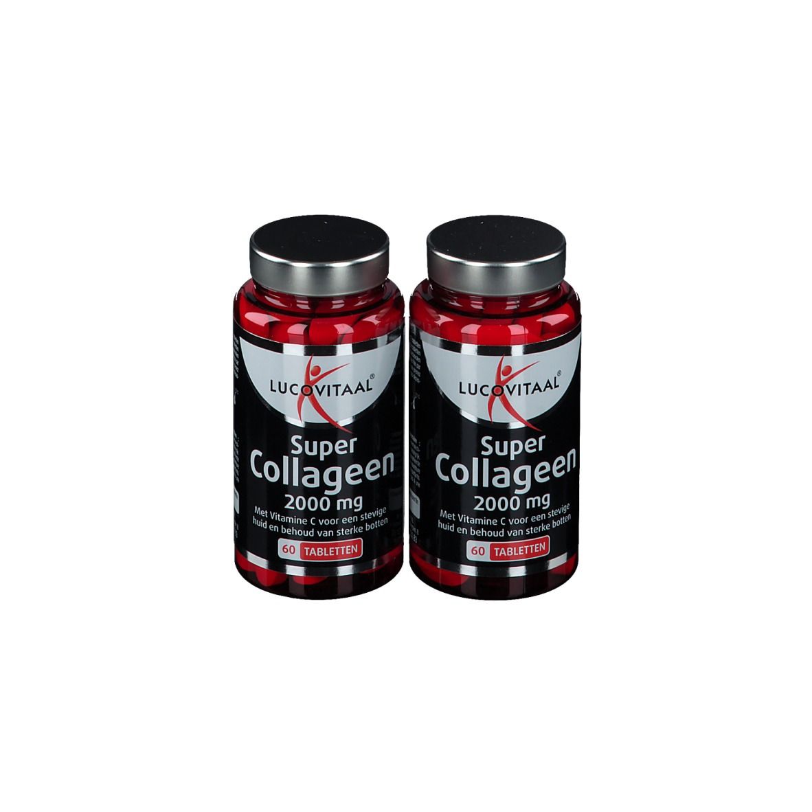Twee flessen met rode inhoud en zilveren doppen. Opschrift: Super Collagène 2000 mg, 60 tabletten. Merk Lucovitaal.