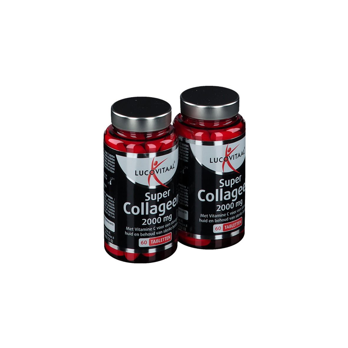 Twee flessen met rode inhoud en zilveren doppen. Opschrift: Super Collagène 2000 mg, 60 tabletten. Merk Lucovitaal.