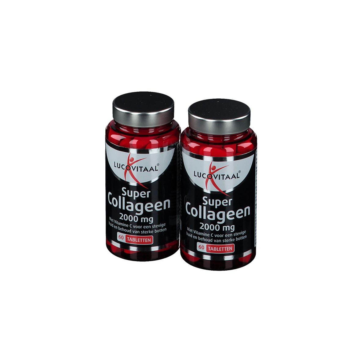Twee flessen met rode inhoud en zilveren doppen. Opschrift: Super Collagène 2000 mg, 60 tabletten. Merk Lucovitaal.