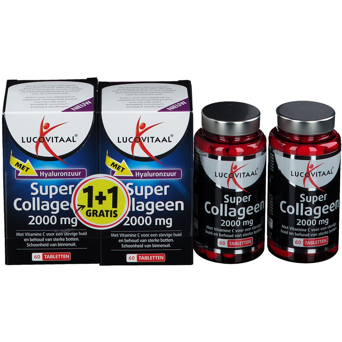 Twee flessen en twee dozen. Opschrift: Super Collagène 2000 mg, 60 tabletten. Merk Lucovitaal. 1+1 Gratis.