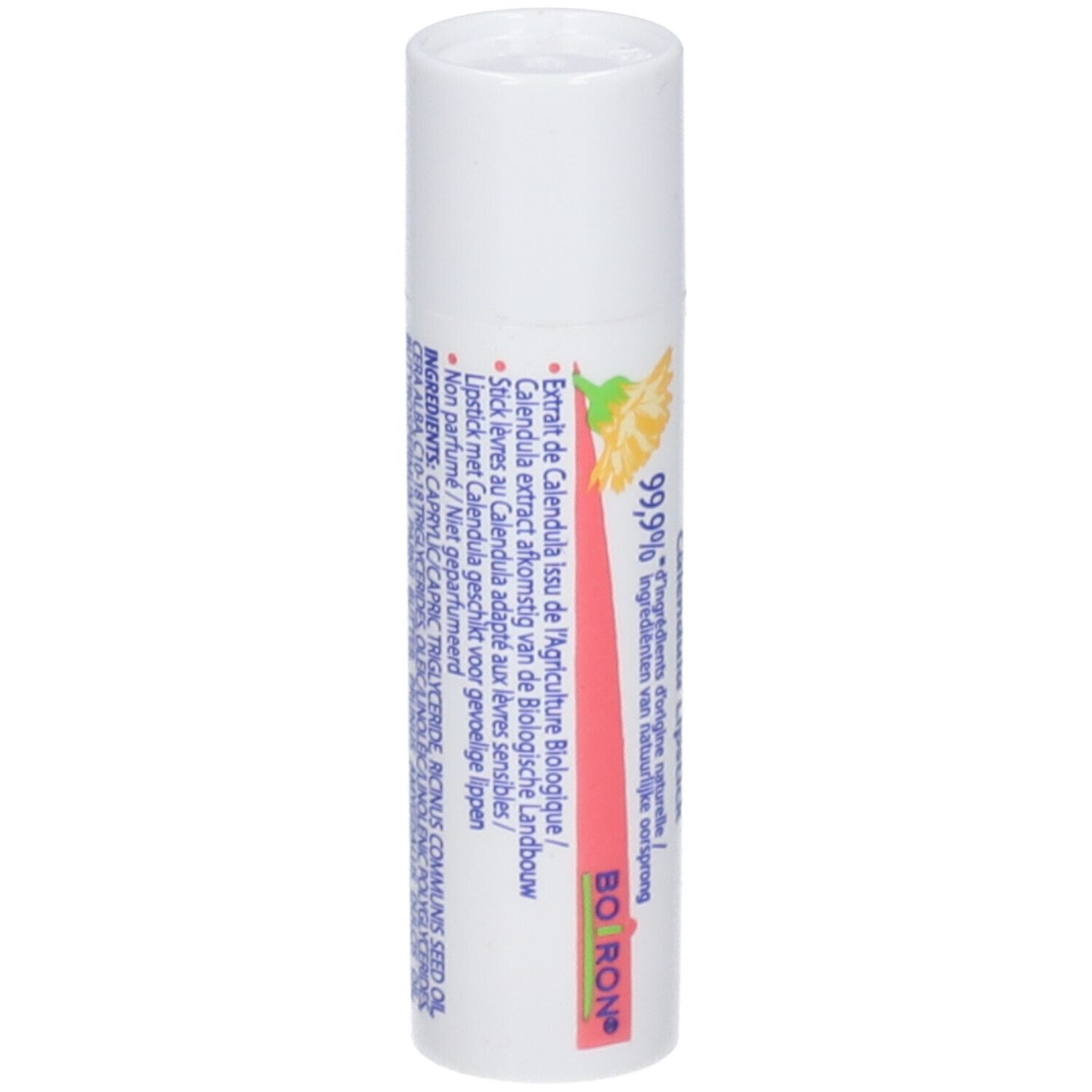 Weißer Lippenbalsam-Stift mit rotem Etikett und gelbem Calendula-Motiv. Enthält 99,9% natürliche Inhaltsstoffe.
