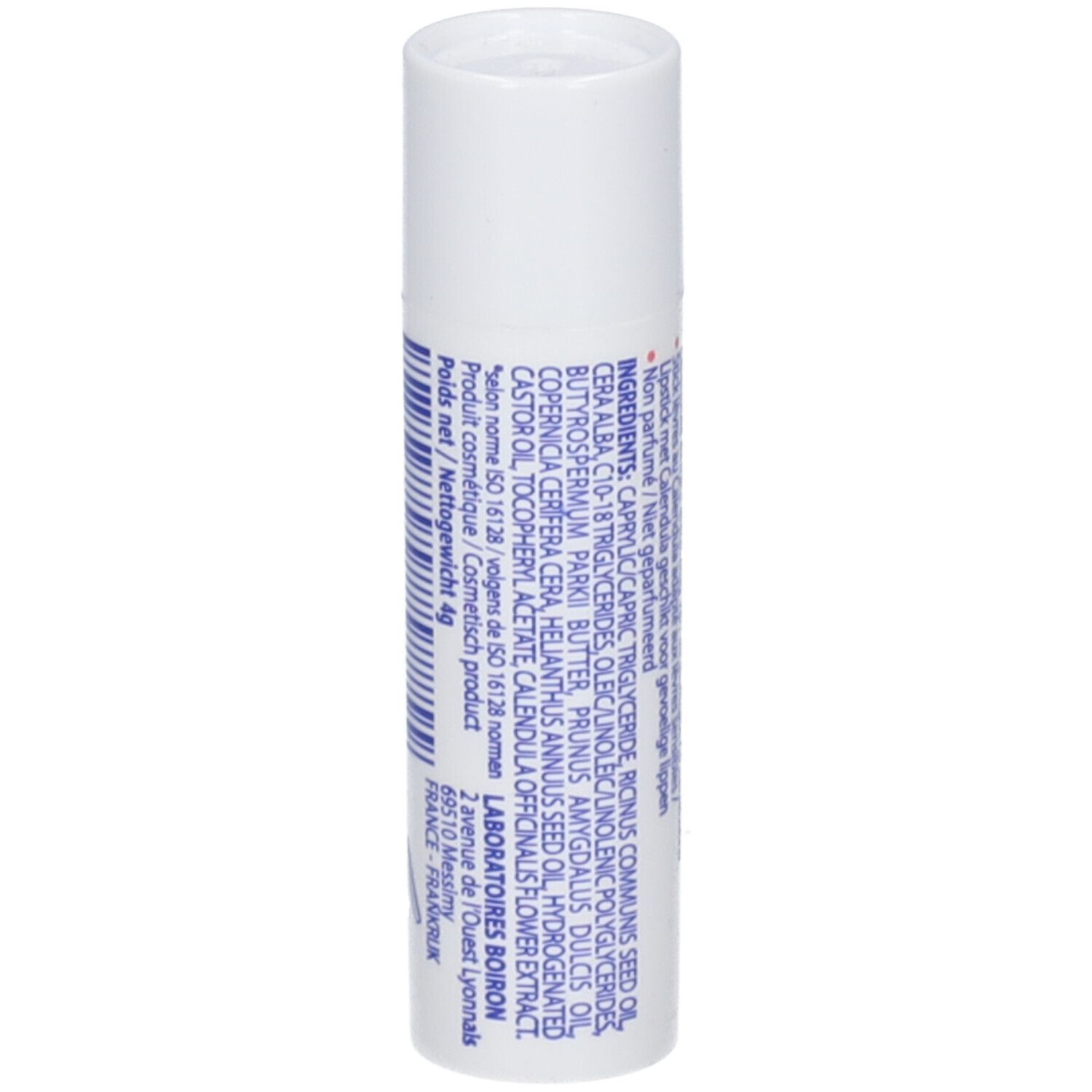 Weißer Lippenbalsam-Stift mit blauer Schrift. Enthält Inhaltsstoffe und Nettogewicht 4g.