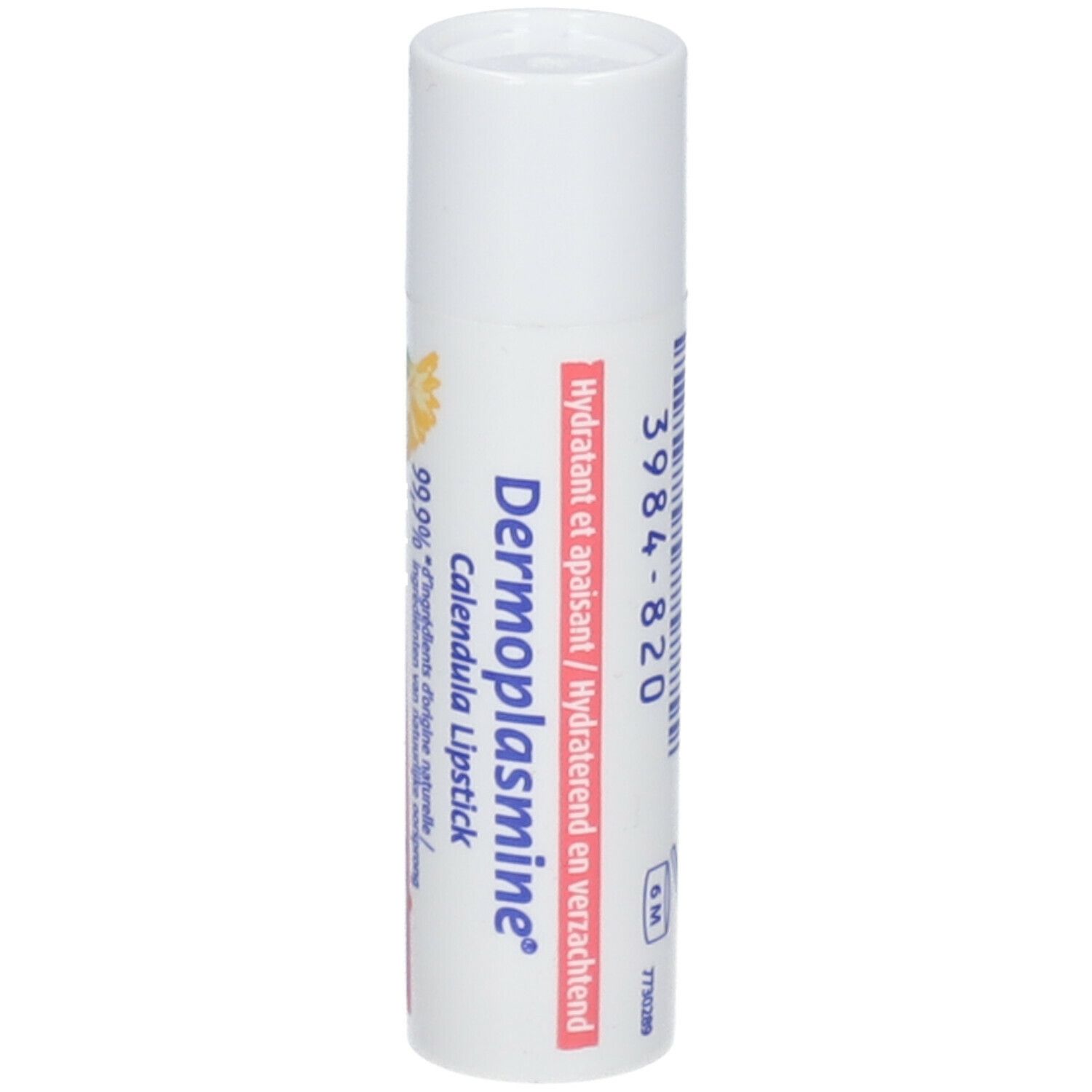 Dermoplasmine Calendula Lippenstift, weißer Behälter mit rotem und gelbem Aufdruck.