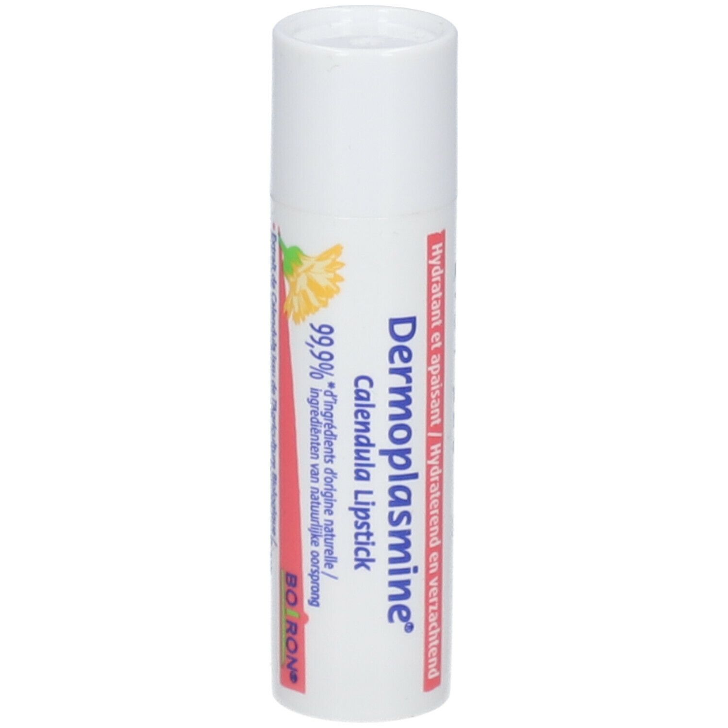 Dermoplasmine Calendula Lippenstift in weißer Hülse mit rotem Etikett. Enthält 99,9% natürliche Inhaltsstoffe.
