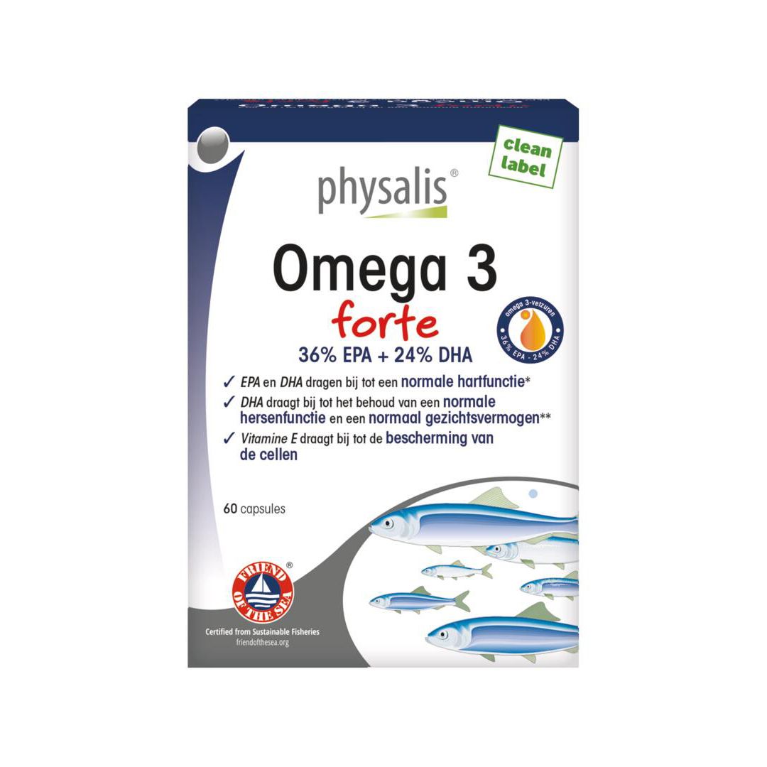 Verpakking van physalis® Omega 3 Forte. Bevat 60 capsules. MSC-certificering. Blauw-witte verpakking met afbeelding van vissen.