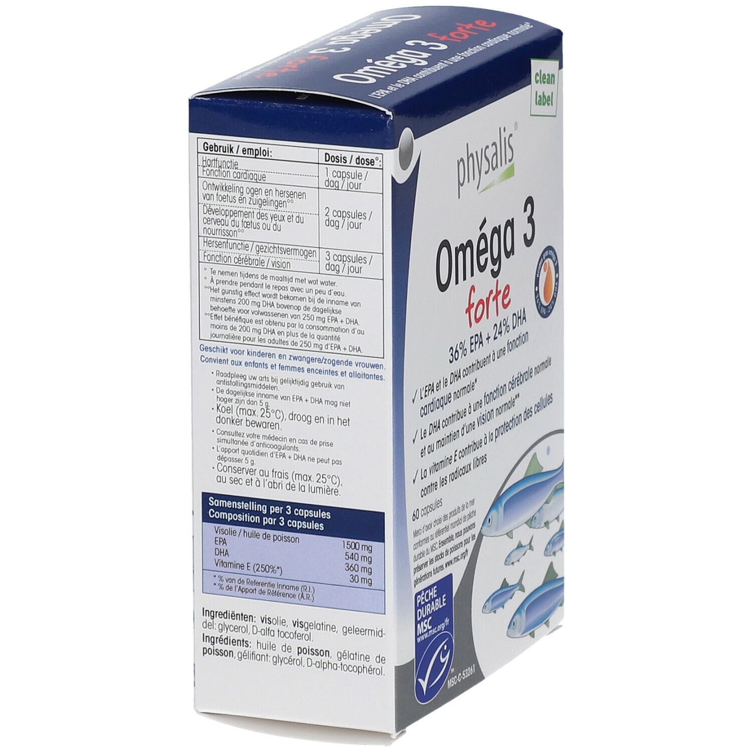 Boîte de physalis® Oméga 3 forte. Informations sur le dosage et les ingrédients. Certification MSC. Emballage bleu et blanc.