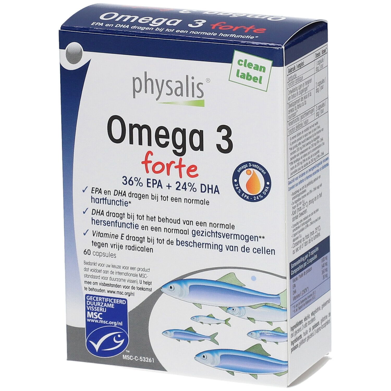 Boîte de physalis® Oméga 3 forte. Contient 60 capsules. Certification MSC. Emballage bleu et blanc avec illustration de poissons.