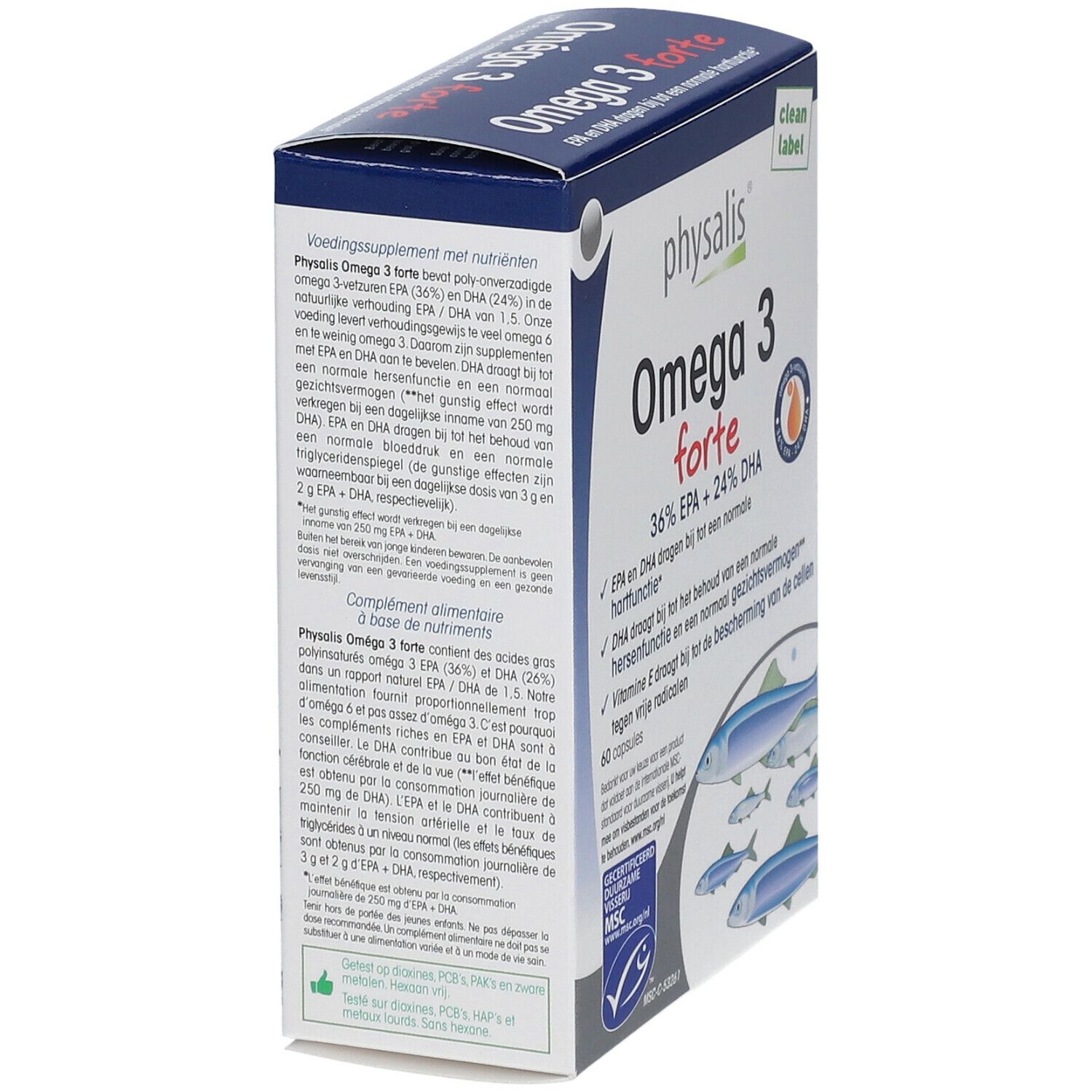 Boîte de physalis® Oméga 3 forte. Informations sur les ingrédients et l'utilisation. Emballage bleu et blanc.
