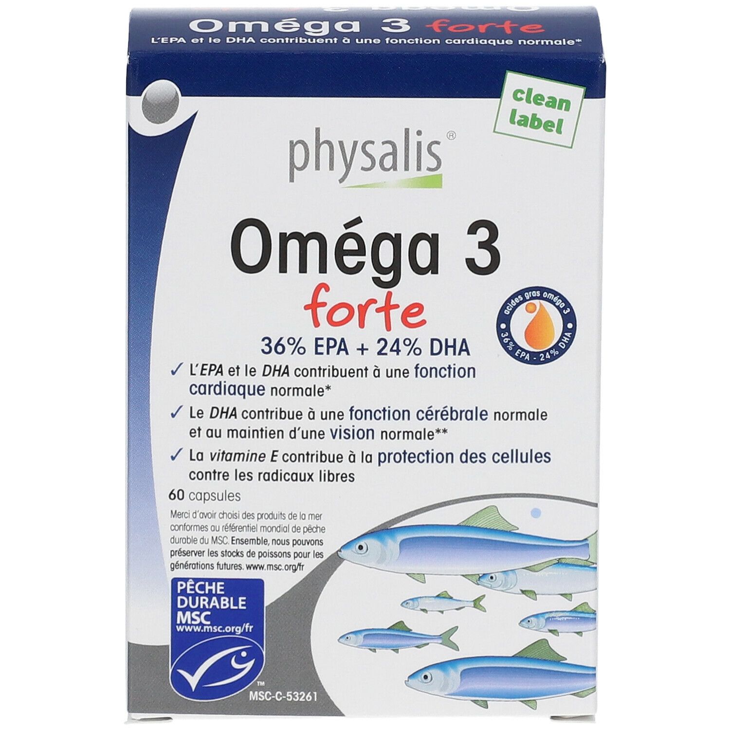 Boîte de physalis® Oméga 3 forte. Contient 60 capsules. Certification MSC. Emballage bleu et blanc avec illustration de poissons.