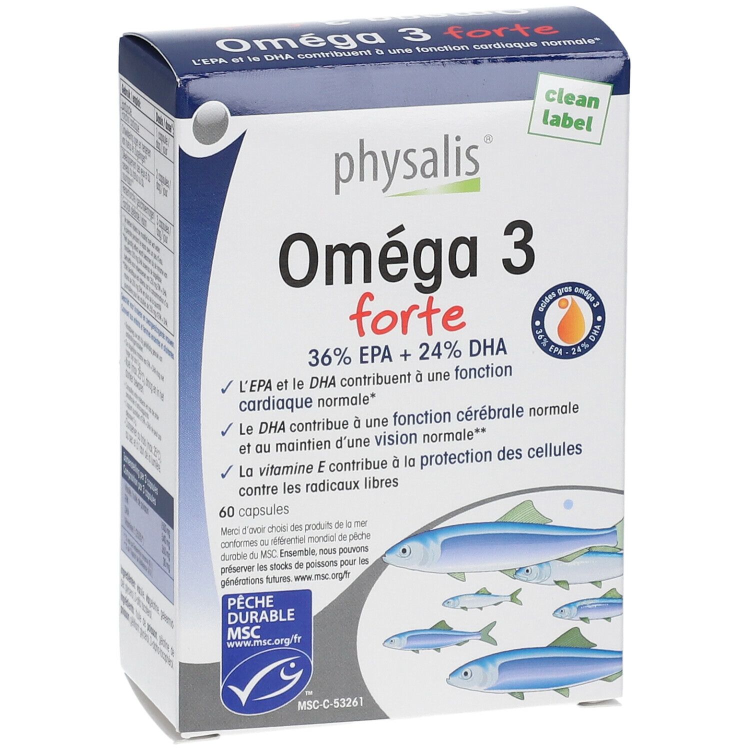 Boîte de physalis® Oméga 3 forte. Contient 60 capsules. Certification MSC. Emballage bleu et blanc avec illustration de poissons.