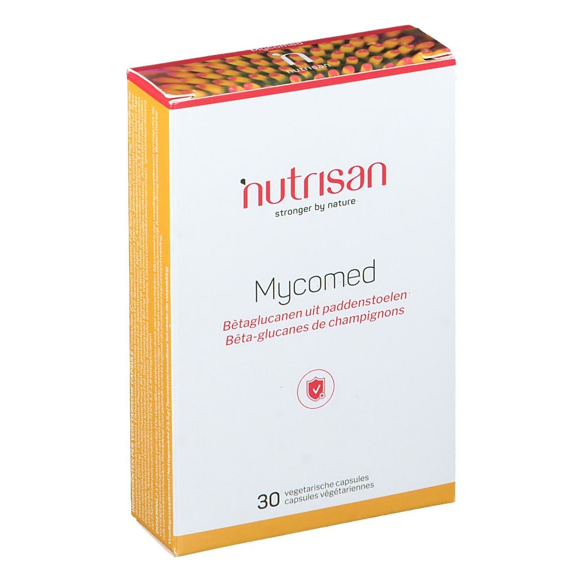 Verpakking van "nutrisan Mycomed" met 30 vegetarische capsules. Logo en details in rood. Tekst in het Nederlands en Frans.