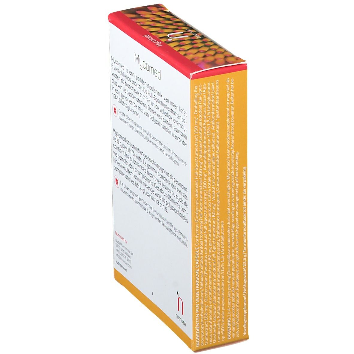 Zijaanzicht van de "nutrisan Mycomed"-verpakking. Tekst in het Nederlands en Frans. Gele achtergrond met tekst. 30 capsules.