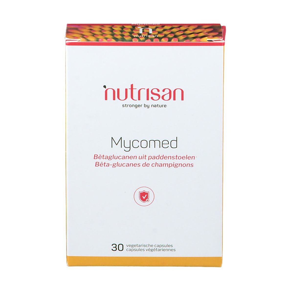 Vooraanzicht van de "nutrisan Mycomed"-verpakking. Bevat 30 vegetarische capsules. Logo en productnaam duidelijk zichtbaar.
