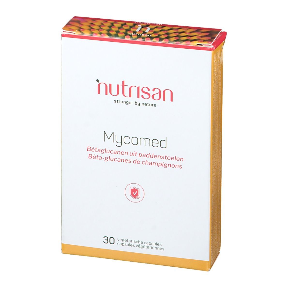 Vooraanzicht van de "nutrisan Mycomed"-verpakking. 30 vegetarische capsules. Logo en productnaam duidelijk zichtbaar. Rode en gele accenten.