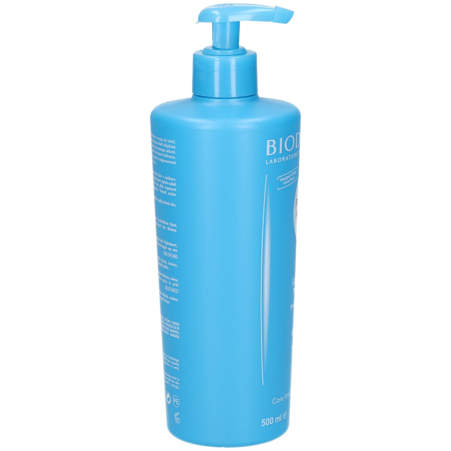 Flacon bleu clair avec pompe doseuse. Dos avec texte multilingue. 500 ml.